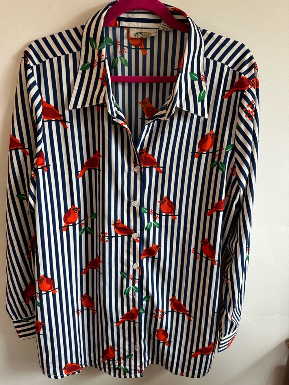 RtA Navy & White Striped Button-Up Blouse with Red Cardinal Print